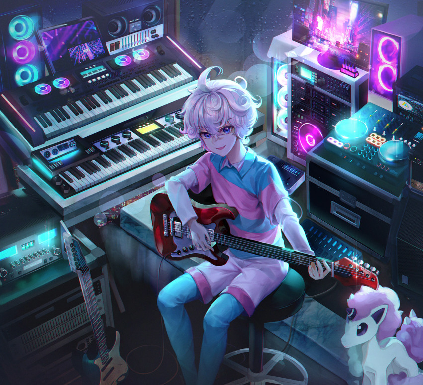 1boy ahoge aqua_leggings bede_(pokemon) blue_leggings character_doll collared_shirt electric_guitar galarian_form galarian_ponyta gen_8_pokemon guitar hair_between_eyes highres holding holding_instrument instrument keyboard_(instrument) leggings male_focus nintendo object_request pinpin_(veryslower_pin) pokemon pokemon_swsh purple_hair shirt short_hair short_sleeves shorts sitting smile solo stool two-tone_shirt undershirt