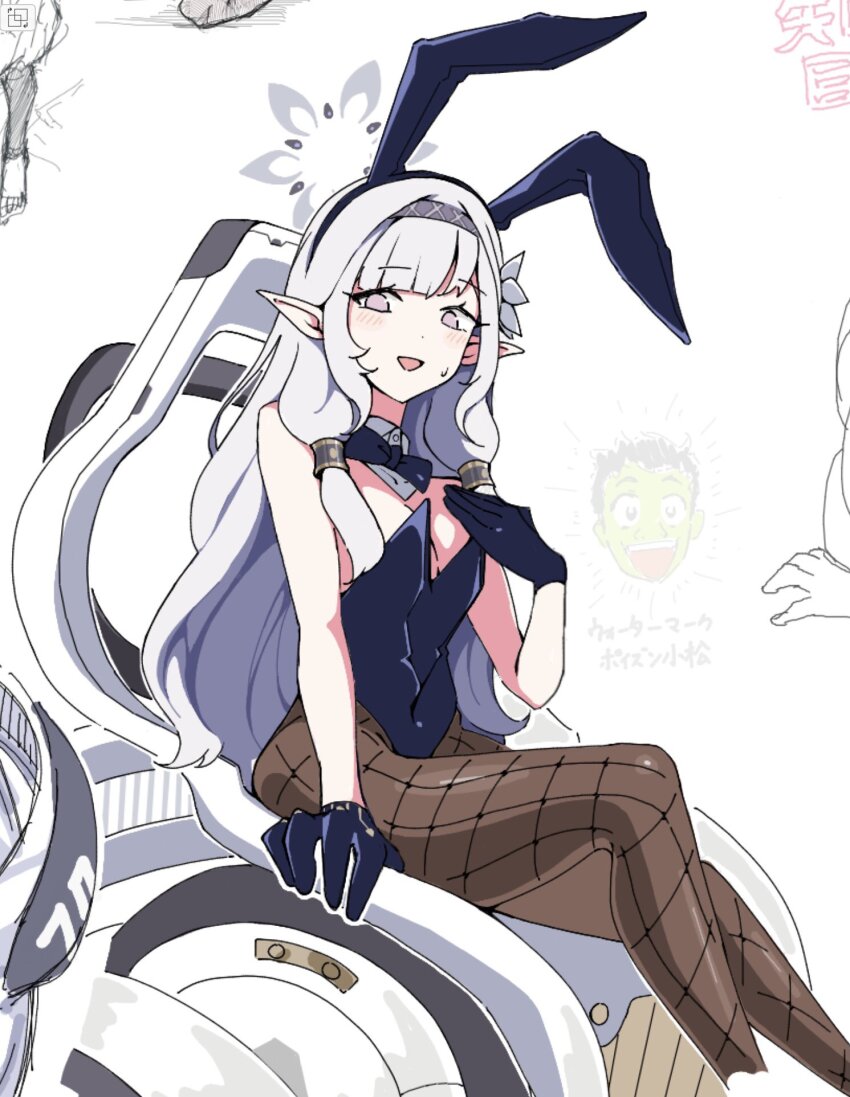 1girl animal_ear_headband animal_ears arm_support black_bow black_bowtie black_gloves black_pantyhose blue_archive blush bow bowtie breasts covered_navel cropped_legs detached_collar fake_animal_ears fishnet_pantyhose fishnets flower gloves grey_hair grey_hairband grey_halo hair_flower hair_ornament hair_tubes hairband halo hand_on_own_chest highres himari_(blue_archive) leotard looking_at_viewer no_pupils oversized_breast_cup pantyhose playboy_bunny powered_wheelchair purple_eyes rabbit_ears sidelocks sitting small_breasts small_sweatdrop uni_gyoza wheelchair white_background