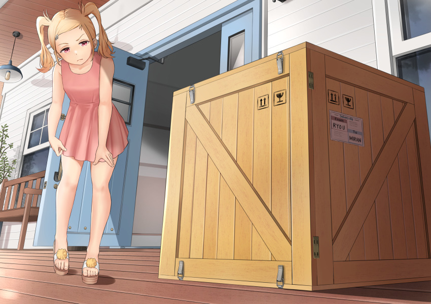 1girl blonde_hair box commission dress epicary_radz highres medium_hair miran_(epicary_radz) open_door original outdoors pink_dress pixiv_commission plant porch potted_plant red_eyes sandals twintails variant_set