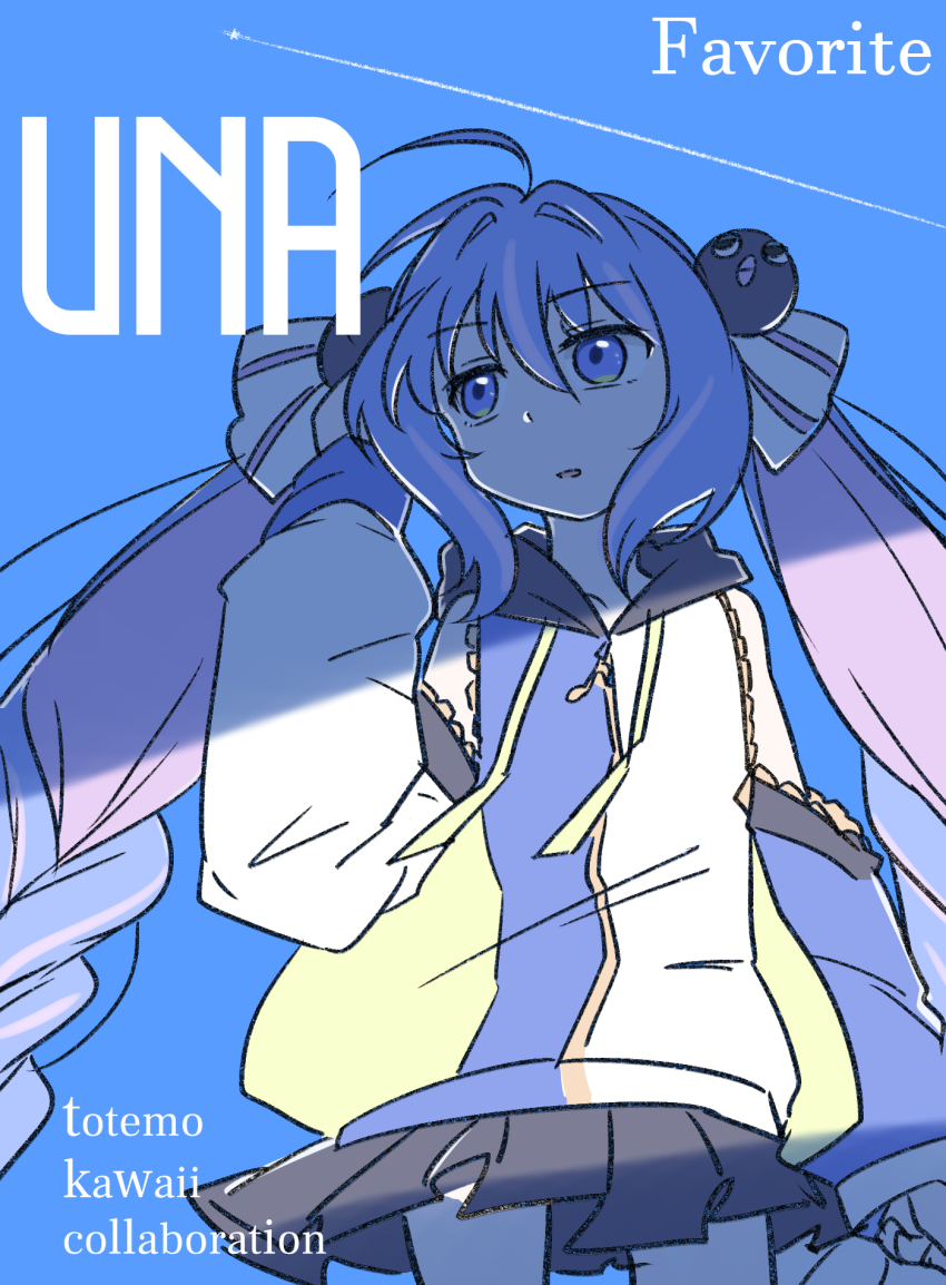 1girl absurdly_long_hair adapted_costume ahoge asymmetrical_sleeves bare_shoulders black_hood black_skirt blue_background blue_eyes blue_hair braid character_name colored_inner_hair commentary_request cover cowboy_shot eighth_note english_text fake_cover fake_magazine_cover hair_intakes hair_ornament highres hood hooded_jacket jacket long_hair long_sleeves looking_to_the_side low-braided_long_hair low-tied_long_hair magazine_cover mismatched_sleeves multicolored_hair multicolored_jacket musical_note neon-tetora otomachi_una otomachi_una_(sv) parted_lips pink_hair pink_streaks pleated_skirt puffy_long_sleeves puffy_sleeves raglan_sleeves romaji_text shade sidelocks simple_background skirt solo standing streaked_hair synthesizer_v twintails two-tone_hair very_long_hair vocaloid zipper