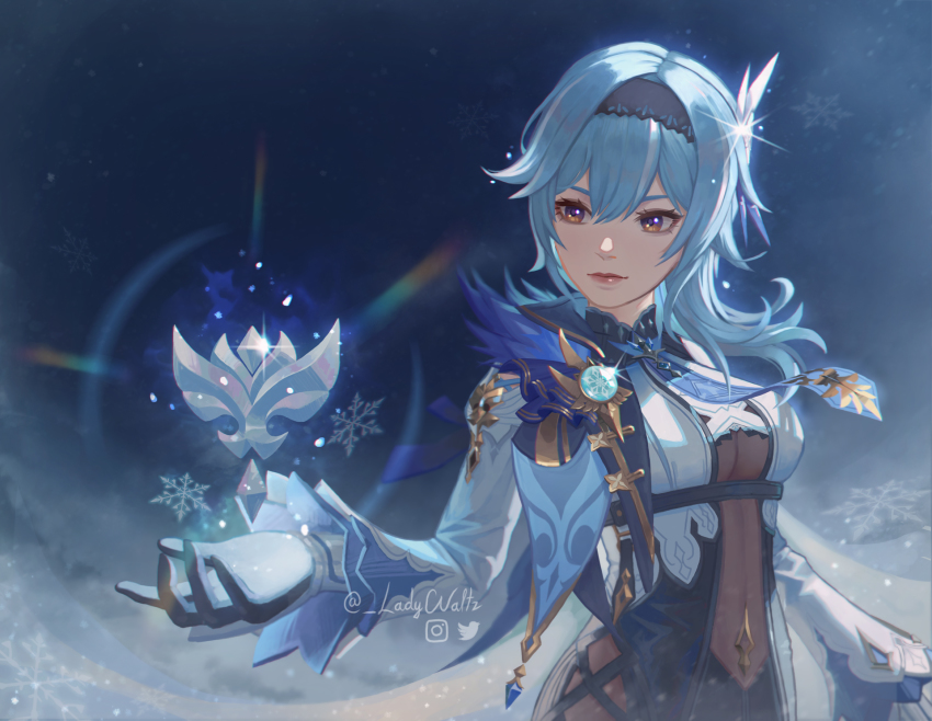 1girl black_leotard blue_hair cape commentary english_commentary eula_(genshin_impact) genshin_impact gloves hair_between_eyes hair_ornament hairband highres ice_crystal ladywaltz leotard long_hair long_sleeves looking_at_viewer necktie orange_eyes sidelocks smile solo two-tone_gloves vision_(genshin_impact)