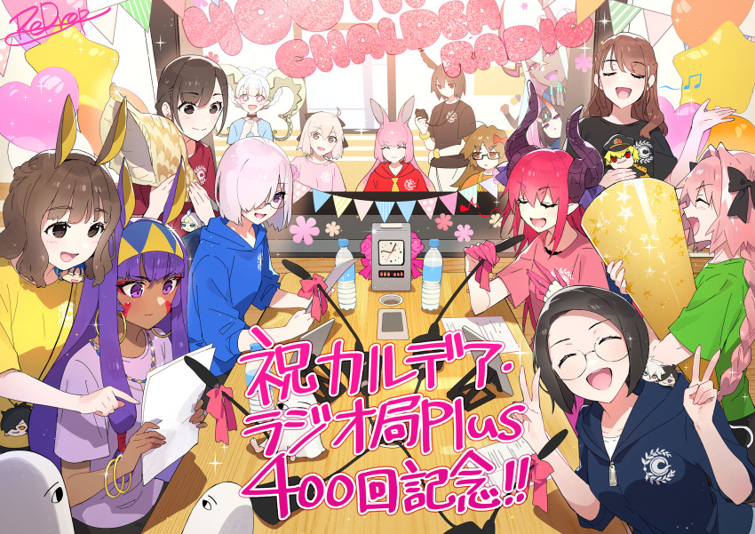 6+girls ahoge animal_ears anniversary astolfo_(fate) bottle bow bracelet braid captain_nemo_(fate) captain_nemo_(first_ascension)_(fate) chaldea_logo character_doll dark-skinned_female dark_skin double_v elizabeth_bathory_(fate) elizabeth_bathory_(fate/extra) fangs fate/grand_order fate_(series) gilgamesh_(fate) glasses hair_bow highres hood hoodie horn_(instrument) horns ibuki_douji_(fate) jewelry jinako_carigiri karna_(fate) larva_tiamat_(fate) long_hair mash_kyrielight microphone multiple_girls music nemo_(fate) nitocris_(fate) okada_izou_(fate) okita_souji_(fate) okita_souji_(koha-ace) ookubo_rumi ortlinde_(fate) rabbit_ears real_life redrop riyo_servant_(bunnygirl)_(fate) shuten_douji_(fate) singing takahashi_rie tanaka_minami_(voice_actor) tiamat_(fate) v valkyrie_(fate) voice_actor_connection water_bottle yamanami_keisuke_(fate) yuuki_aoi