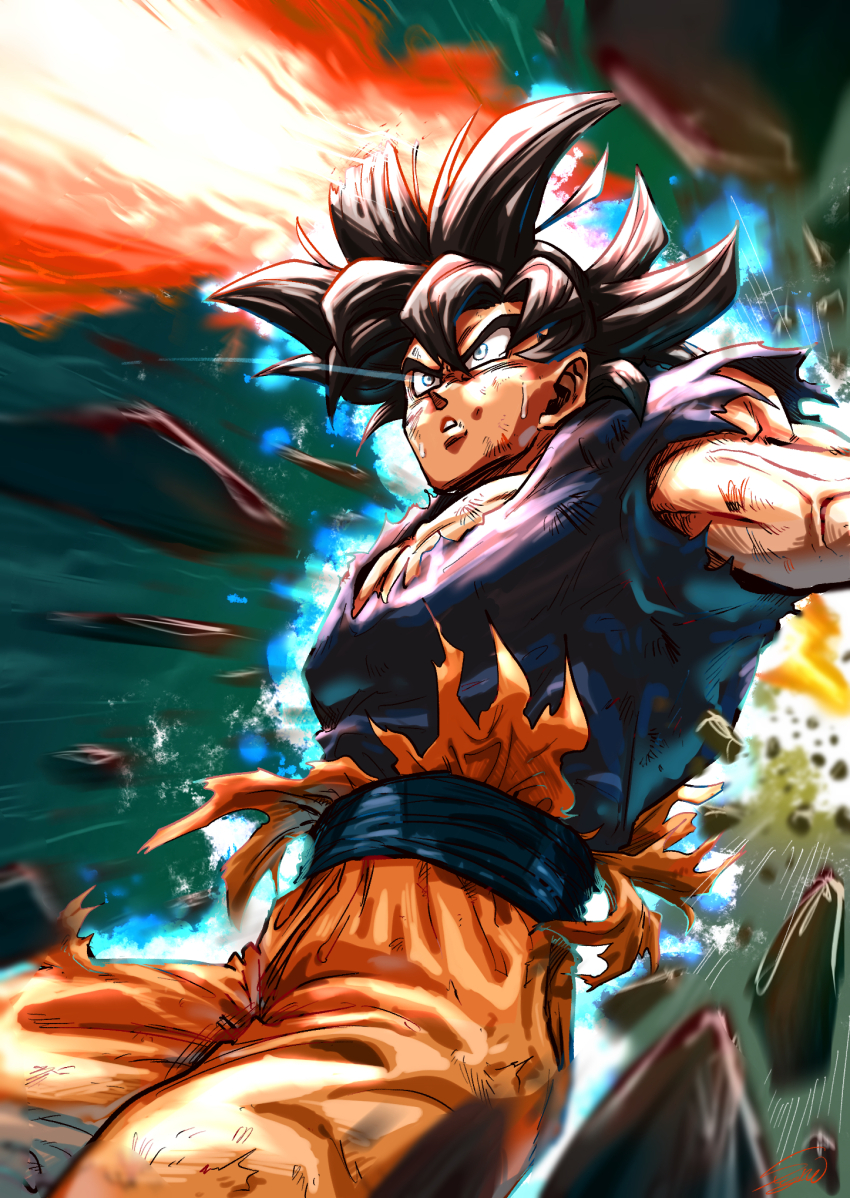 1boy artist_name battle black_hair blue_aura blue_sash blue_shirt burnt_hair commentary_request curtained_hair debris dodging dragon_ball dragon_ball_super energy_blast english_text eye_trail green_background highres light_trail looking_up male_focus medium_hair muscular muscular_male nose orange_pants pants parted_lips sash scratches shirt short_shorts short_sleeves shorts signature solo son_goku spiked_hair stynl_f sweat torn_clothes torn_sleeves ultra_instinct v-shaped_eyebrows veins veiny_arms