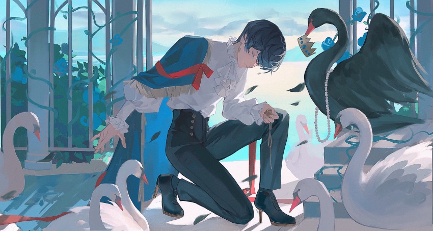 1boy absurdres ankle_boots ascot bird black_boots black_hair black_pants blue_cape blue_flower blue_hair blue_rose boots buttons cape chinese_commentary closed_eyes closed_mouth colored_tips coronation crown day double-breasted earrings falling_leaves flower frilled_sleeves frills fringe_trim full_body hair_between_eyes head_down high-waist_pants high_heel_boots high_heels highres holding holding_crown holding_pocket_watch ike_eveland jewelry leaf long_sleeves male_focus mini_crown mouth_hold multicolored_hair nijisanji nijisanji_en no_eyewear on_one_knee pants plant pocket_watch profile puffy_long_sleeves puffy_sleeves putting_on_headwear red_ribbon ribbon rose rose_bush shirt short_hair side_cape solo stairs stiletto_heels swan unworn_crown vines virtual_youtuber watch white_ascot white_shirt window yaqing