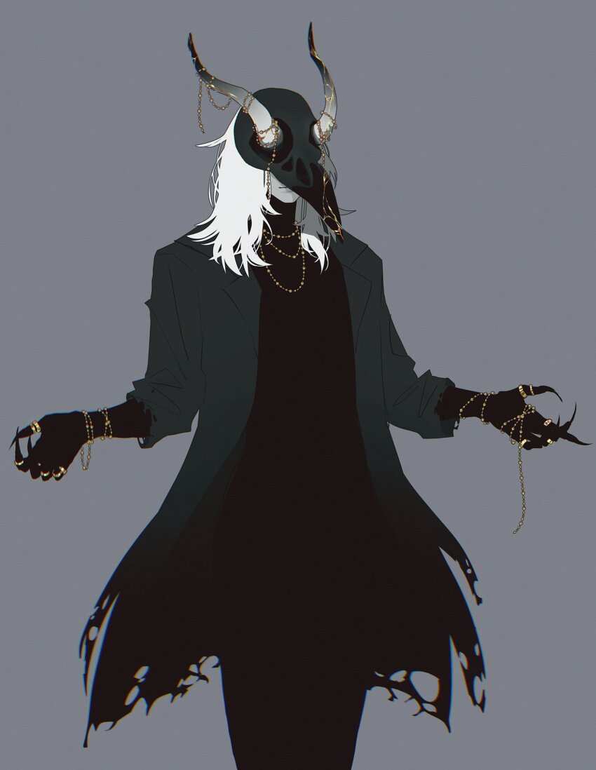 1other 23i2ko bird_mask black_hands chain coat colored_extremities cowboy_shot facing_viewer fingernails gold_chain gold_necklace gold_ring gradient_horns green_coat grey_background highres horns jewelry light_smile long_hair mask multicolored_horns multiple_rings necklace original outstretched_hand popped_collar ring sharp_fingernails simple_background skull_mask solo torn_clothes torn_coat white_hair