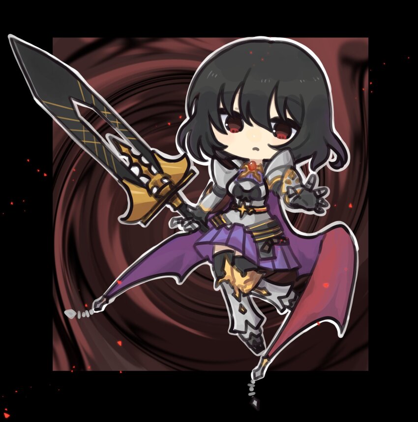 1girl armor armored_boots black_gloves black_hair black_thighhighs boots breastplate brown_background cape chibi chibi_only closed_mouth commentary_request dragon_knight_(ragnarok_online) expressionless full_body gauntlets gloves highres holding holding_sword holding_weapon hunihuni looking_at_viewer pauldrons purple_skirt ragnarok_online red_cape red_eyes short_hair shoulder_armor skirt solo sword thighhighs weapon