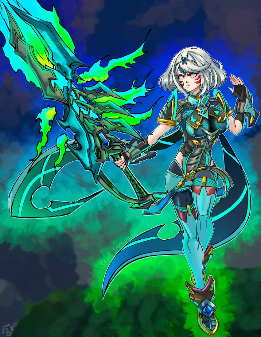 absurdres alternate_color alternate_costume alternate_eye_color alternate_weapon angry aura black_gloves black_pantyhose blue_gemstone breasts chest_jewel corruption crescent crescent_moon crescent_moon_print crescent_moon_symbol crescent_print crossover dark_persona double_helix facial_tattoo fierce_deity fingerless_gloves fire frown gem glaring gloves glowing glowing_weapon hal_laboratory highres holding holding_sword holding_weapon large_breasts looking_to_the_side monolith_soft moon nintendo no_pupils pantyhose possessed possession pyra_(xenoblade) serious short_hair skin_tight stoic_seraphim super_smash_bros. sword tattoo the_legend_of_zelda the_legend_of_zelda:_majora&#039;s_mask tiara triangle triangle_print walking weapon white_eyes white_hair xeno_(series) xenoblade_chronicles_(series) xenoblade_chronicles_2