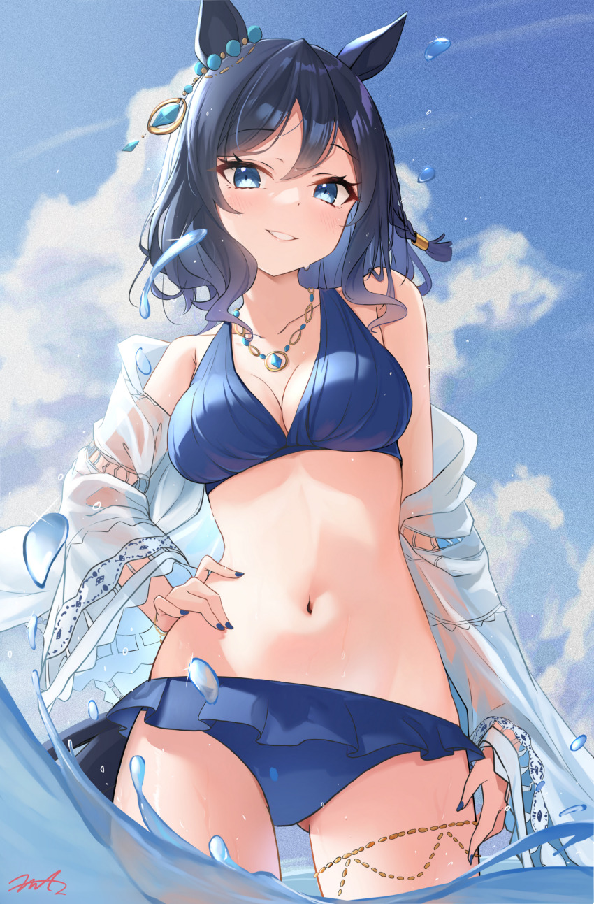 1girl absurdres animal_ears bikini black_hair blue_bikini blue_eyes blue_nails blue_sky breasts cloud commentary contrapposto day eishin_flash_(reines_plaetschern)_(umamusume) eishin_flash_(umamusume) english_commentary frilled_bikini frills fritz614 gluteal_fold hand_on_own_hip highres horse_ears horse_girl horse_tail jacket medium_breasts nail_polish official_alternate_costume official_alternate_hairstyle open_clothes open_jacket outdoors parted_lips see-through_clothes see-through_jacket short_hair sky smile solo swimsuit tail umamusume wading water