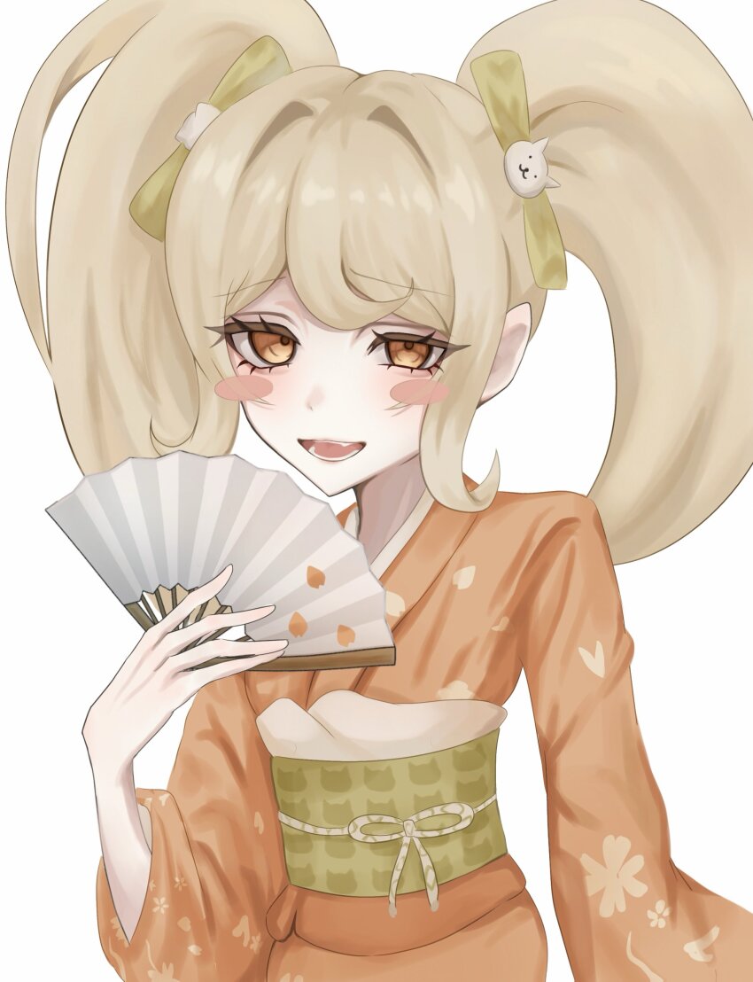 1girl :d absurdres blonde_hair blush_stickers bow cat_hair_ornament danganronpa_(series) danganronpa_2:_goodbye_despair fang green_bow hair_bow hair_ornament hand_fan highres holding holding_fan japanese_clothes kimono long_hair long_sleeves obi open_mouth orange_kimono saionji_hiyoko sash smile solo teeth tongue twintails uzzo_3o