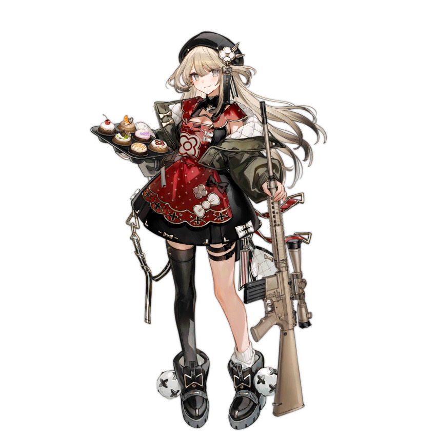 1girl apron beret black_boots black_dress black_hair black_hat black_thighhighs blonde_hair blush boots bow bowtie breasts buckle chocoan cleavage closed_mouth colored_tips cupcake dress food full_body girls&#039;_frontline gradient_hair green_jacket grey_eyes gun hat highres holding holding_gun holding_weapon jacket long_hair long_sleeves looking_at_viewer m110_(girls&#039;_frontline) m110_sass medium_breasts multicolored_hair off_shoulder official_art open_clothes open_jacket oven_mitts platform_boots platform_footwear pom_pom_(clothes) red_apron rifle scope simple_background single_sock single_thighhigh sleeveless sleeveless_dress smile snap-fit_buckle sniper_rifle socks solo standing thigh_strap thighhighs third-party_source transparent_background unworn_mittens weapon white_socks