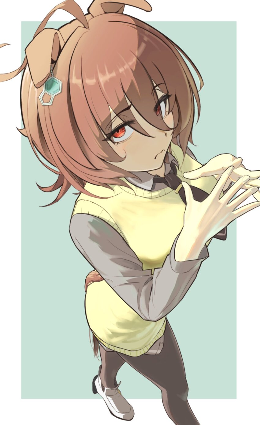 1girl agnes_tachyon_(umamusume) ahoge black_pantyhose brown_hair chemical_structure collared_shirt earrings ears_down grey_shirt hair_between_eyes hem_peeking_out high_heels highres horse_tail huge_ahoge jewelry looking_at_viewer medium_hair o_ko_ge2024 pantyhose red_eyes shirt shoes single_earring sleeveless sleeveless_sweater solo steepled_fingers sweater tail umamusume white_shoes