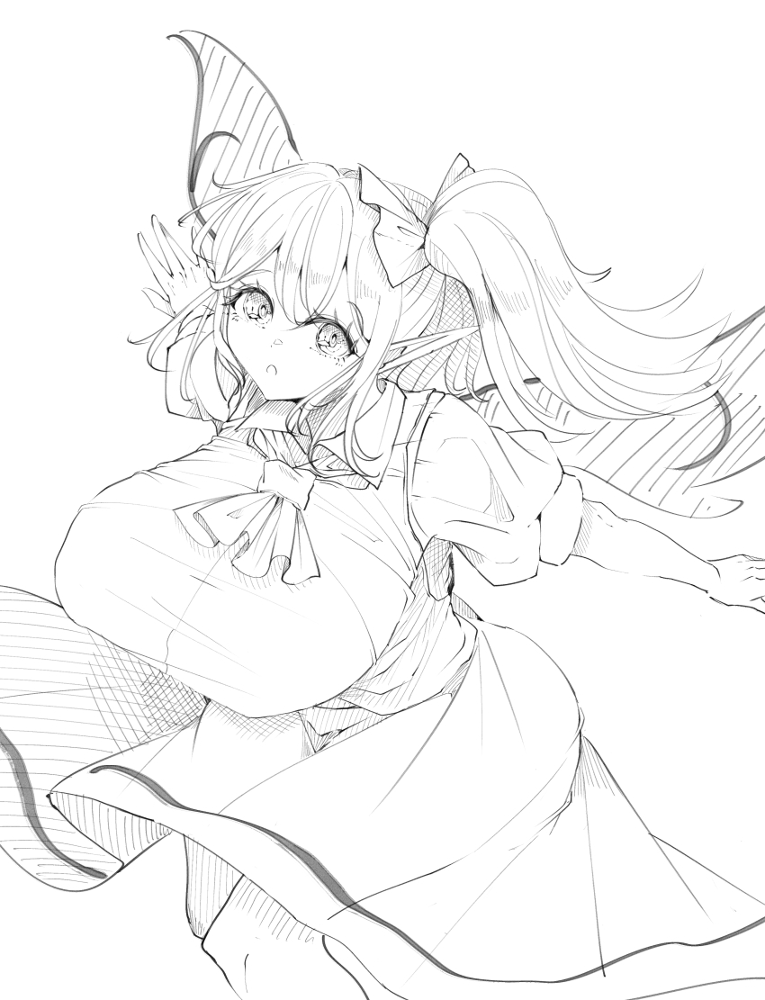 1girl absurdres aonori00 breasts commentary_request daiyousei dress greyscale highres huge_breasts looking_at_viewer medium_hair monochrome open_mouth pointy_ears side_ponytail simple_background sketch solo touhou wings