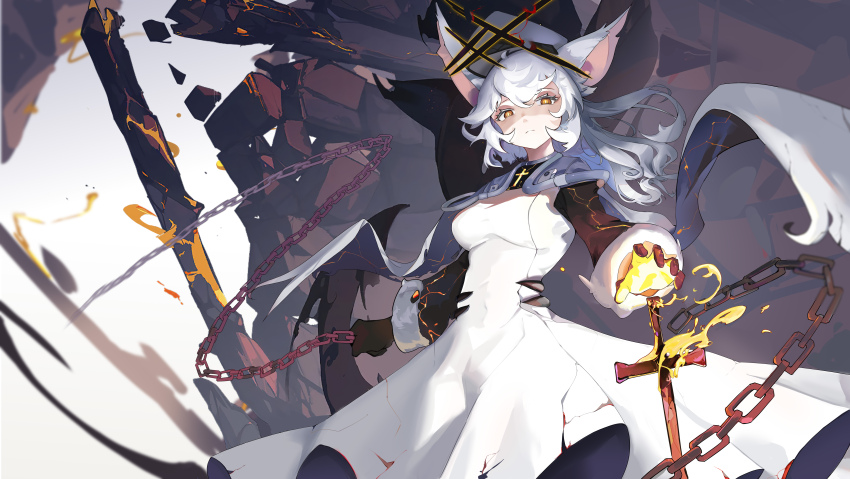 1girl absurdres alchemy_stars animal_ears black_gloves breasts cape cat_ears chain closed_mouth cowboy_shot debris dress fire frown gloves gradient_hair grey_hair hat highres holding holding_chain impossible_clothes long_hair long_sleeves looking_at_viewer medium_breasts multicolored_hair philyshy_(alchemy_stars) rock solo sword toweek_(wwz-0v0) weapon white_dress white_hair white_hat yellow_eyes yumi_(alchemy_stars)
