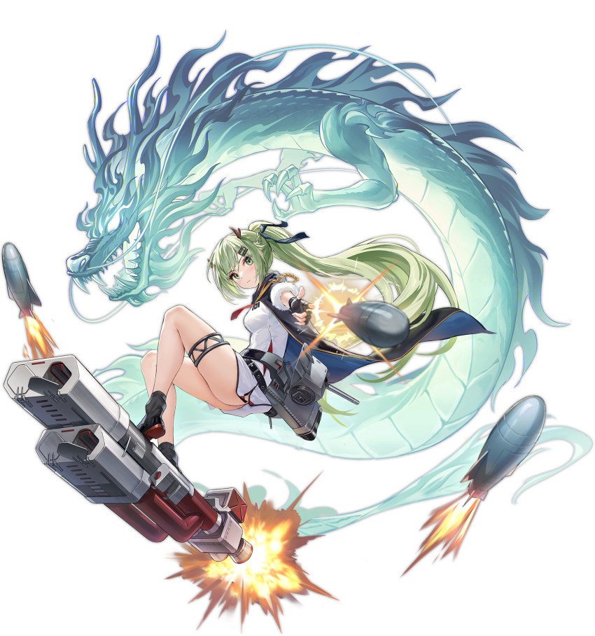 1girl alisa_(kuro_no_sakura) an_shan_(azur_lane) an_shan_(retrofit)_(azur_lane) ass azur_lane black_footwear black_gloves dragon dragon_horns eastern_dragon finger_gun fingerless_gloves from_side full_body gloves green_eyes green_hair hair_ornament hairclip highres horns long_hair looking_at_viewer missile no_panties official_alternate_costume official_art ponytail retrofit_(azur_lane) thigh_strap transparent_background