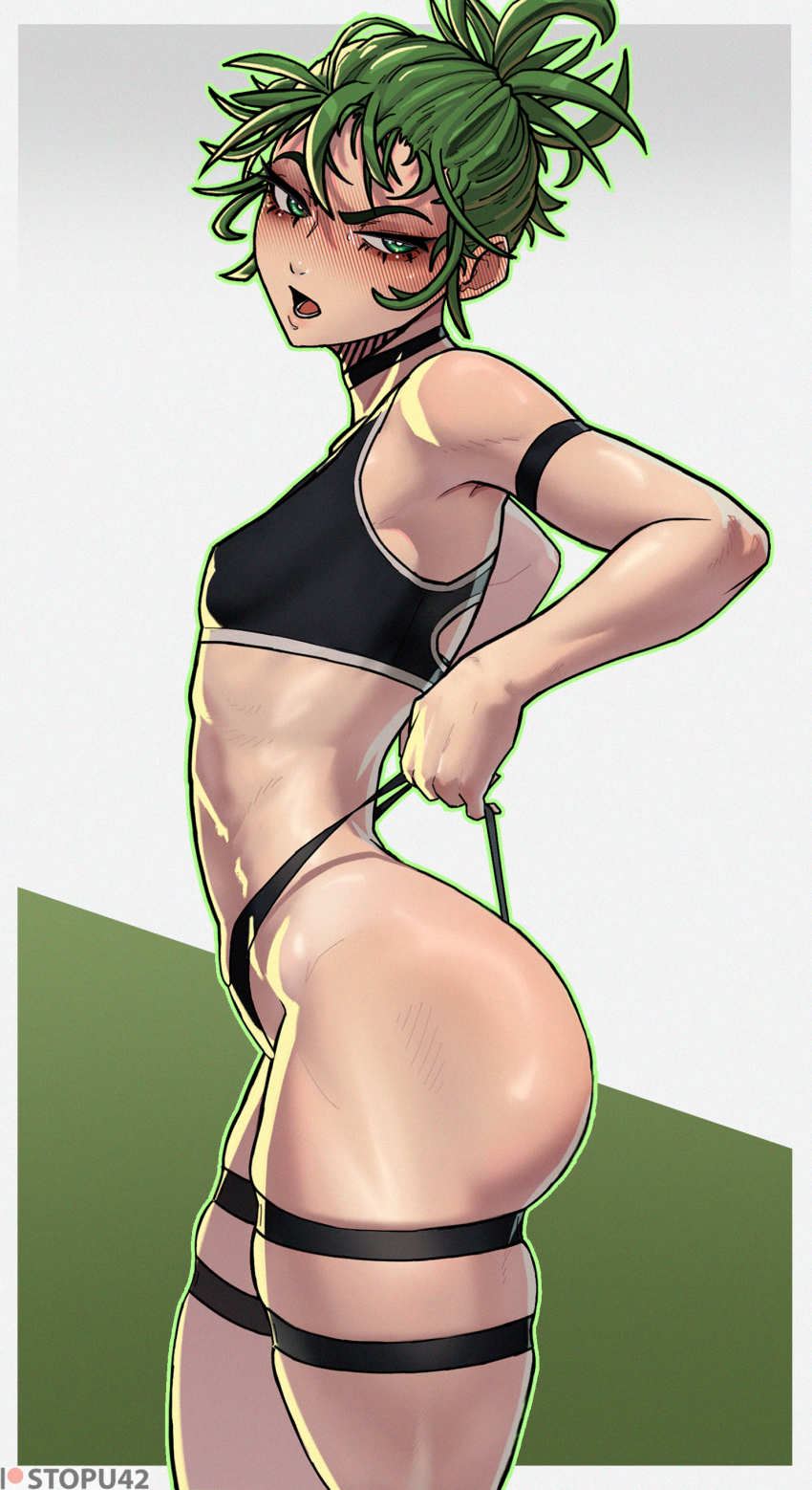 1girl absurdres alternate_hairstyle arm_strap ass aura black_choker black_panties black_sports_bra blush border choker commentary cowboy_shot curly_hair curvy english_commentary flat_chest from_side green_background green_eyes green_hair hair_between_eyes highres looking_at_viewer lower_teeth_only multiple_thigh_straps one-punch_man open_mouth outside_border paid_reward_available panties patreon_logo patreon_username ponytail raised_eyebrow shiny_skin short_hair skindentation solo sports_bikini sports_bra stopu tatsumaki teeth thick_eyebrows thick_thighs thigh_strap thighs thong toned topknot two-tone_background underwear wedgie white_background white_border wide_hips