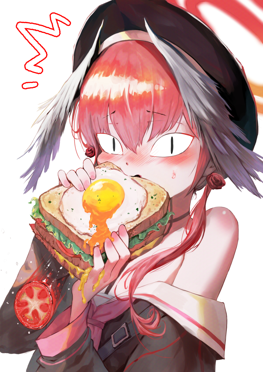 &lt;|&gt;_&lt;|&gt; 1girl absurdres black_hat black_shirt black_wings blue_archive blush burger_malfunction cheese eating egg failure feather_hair_ornament feathers food hair_ornament hat highres holding holding_food holding_sandwich koharu_(blue_archive) kongaru_123 lettuce looking_at_viewer messy pink_eyes pink_hair pink_ribbon ribbon sailor_collar sandwich shirt single_bare_shoulder sweatdrop tomato twintails white_sailor_collar wings