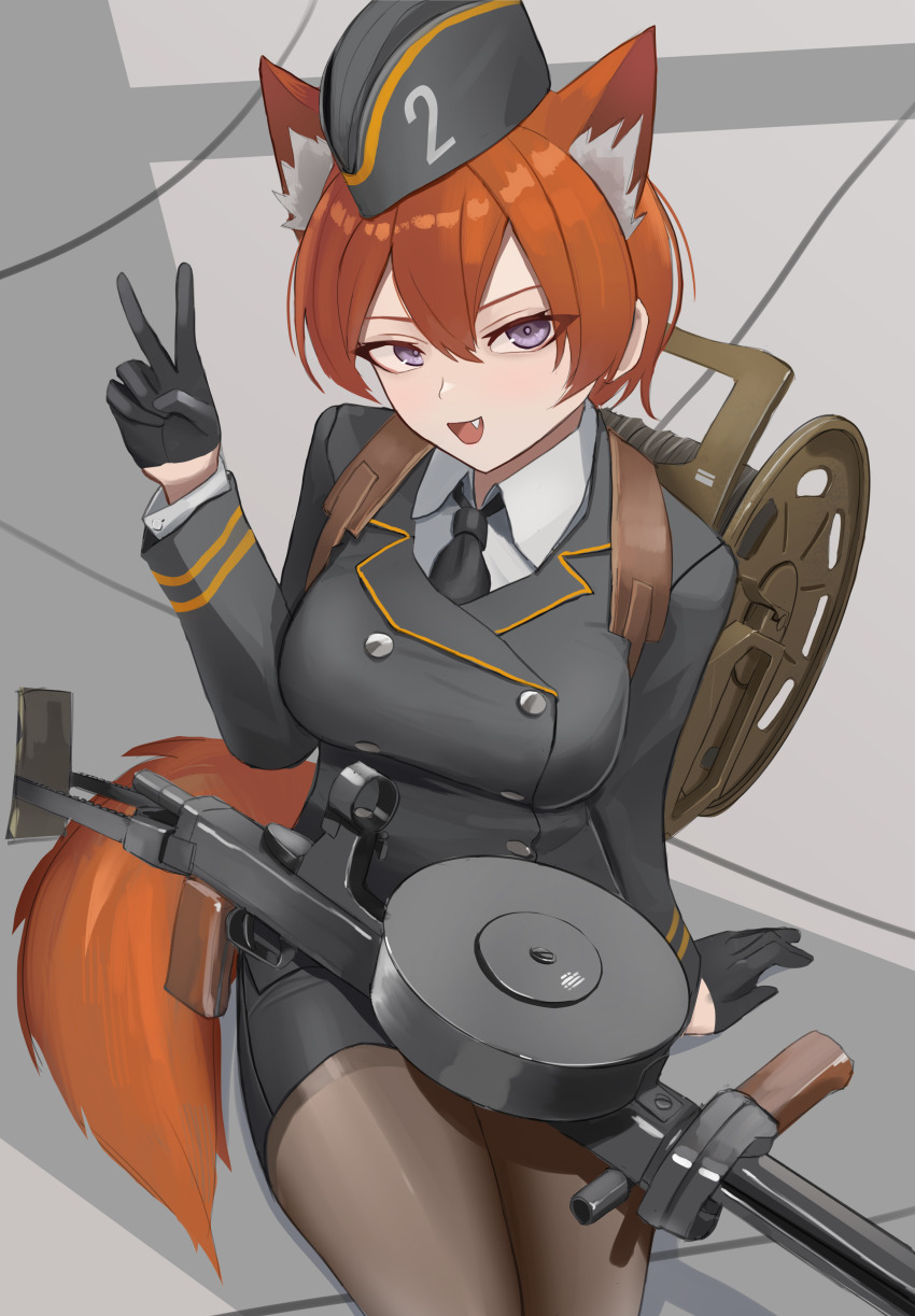 1girl absurdres animal_ear_fluff animal_ears arm_support black_gloves black_necktie breasts brown_pantyhose buttons collared_shirt commentary double-breasted dp-27 drum_magazine english_commentary fang fox_ears fox_girl fox_tail from_above garrison_cap gloves grey_eyes grey_hat grey_jacket grey_skirt gun hair_between_eyes hand_up hat highres jacket klottinen large_breasts long_sleeves machine_gun magazine_(weapon) military military_jacket military_uniform necktie open_mouth original pantyhose pencil_skirt red_hair red_tail shirt short_hair sitting skirt smile tail thighs v weapon white_shirt wire wire_spool