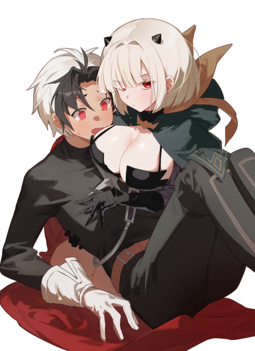 1girl @_@ absurdres black_hair black_horns black_pants black_shirt blonde_hair blush breasts brown_dust_(series) brown_dust_2 cape cleavage cloak closed_mouth demon_horns eyebrows_hidden_by_hair flat_fish990 gauntlets gloves green_cloak hair_between_eyes hair_over_one_eye highres hood hooded_cloak horns justia_(blood_glutton)_(brown_dust) justia_(brown_dust) large_breasts lathel_(brown_dust) looking_at_breasts looking_at_viewer multicolored_hair open_mouth pants red_cape red_eyes shirt simple_background sitting small_horns sweatdrop torso_grab two-tone_hair white_background white_gloves white_hair