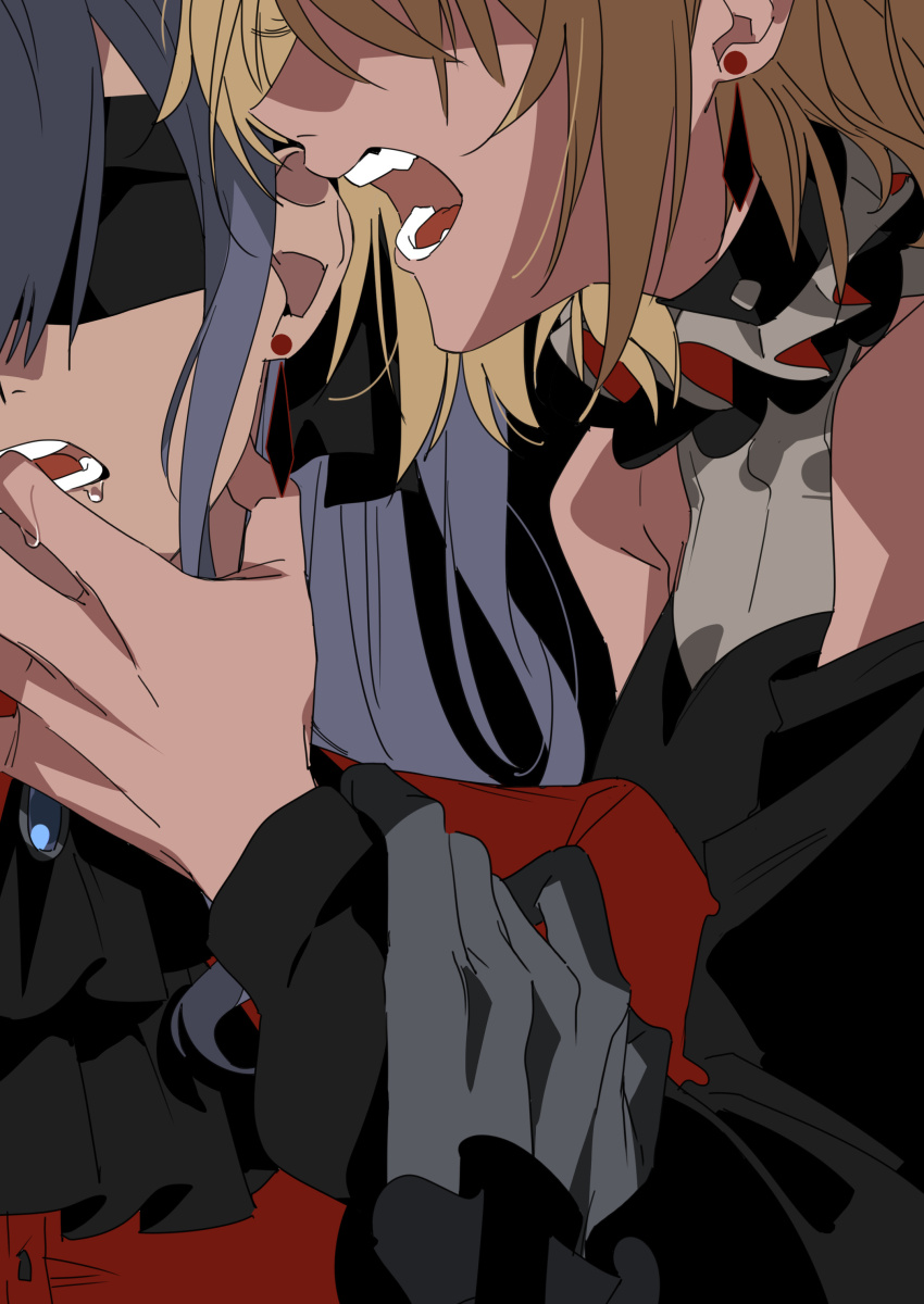 2girls absurdres ascot bang_dream! bang_dream!_it&#039;s_mygo!!!!! black_ascot blindfold blonde_hair blue_brooch blue_hair clothing_cutout commentary_request doloris_(bang_dream!) finger_in_another&#039;s_mouth highres holding_another&#039;s_wrist long_hair long_sleeves misumi_uika molu_stranger multiple_girls oblivionis_(bang_dream!) open_mouth saliva shoulder_cutout sidelocks togawa_sakiko upper_body yuri