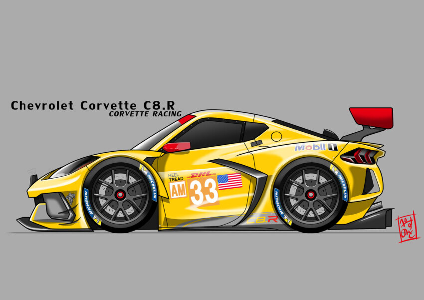 american_flag car chevrolet chevrolet_corvette chevrolet_corvette_c8 chibi corvette_racing dhl from_side grey_background mobil1 motor_vehicle no_humans pace_note race_vehicle racecar shadow simple_background spoiler_(automobile) sponsor sports_car vehicle_focus vehicle_name world_endurance_championship