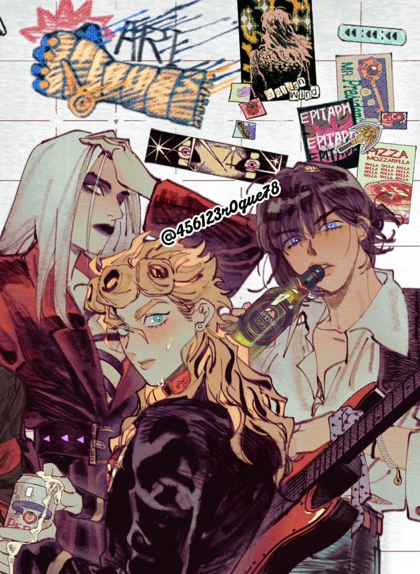3boys 456123r0gue78 aqua_eyes black_hair black_lips blonde_hair blush bruno_bucciarati collared_shirt electric_guitar giorno_giovanna glass_bottle guitar highres instrument jojo_no_kimyou_na_bouken leone_abbacchio long_hair looking_at_viewer multiple_boys shirt white_hair white_shirt yellow_eyes