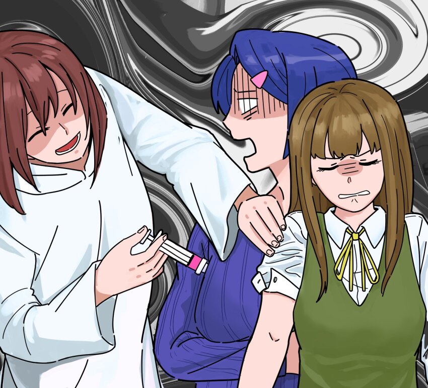 3girls abstract_background behind_another black_background blank_eyes blue_sweater breasts brown_hair check_spoilers clenched_teeth closed_eyes collared_shirt commentary_request facing_viewer failure furrowed_brow gotou_erina green_vest hair_ornament hairclip highres holding holding_syringe injection juunin_toiro_(zhizhi8059) kogoori_natsumi large_breasts long_hair long_sleeves looking_at_another medium_hair multiple_girls neck_ribbon niimura_haruka open_mouth parody photo-referenced ribbed_sweater ribbon robe shaded_face shigatsu_youka shirt short_hair sleeve_rolled_up smile spoilers sweater syringe teeth turn_pale upper_body vest white_robe white_shirt