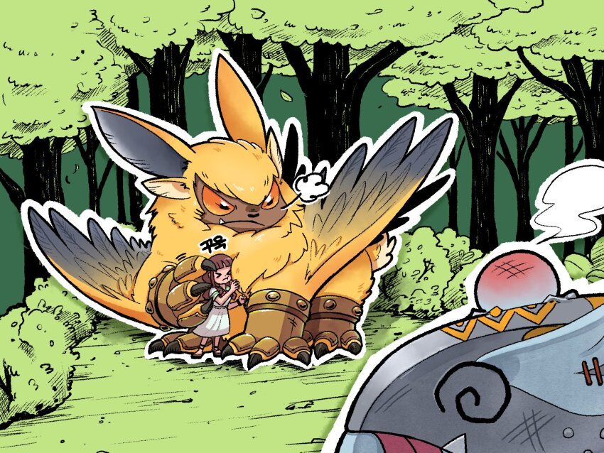 1girl 2boys angry brown_hair defeat digimon digimon_ghost_game forest grass highres injury lamortmon long_hair looking_at_another manticoremon multiple_boys nature tree tsukiyono_ruli wings wolpertinger