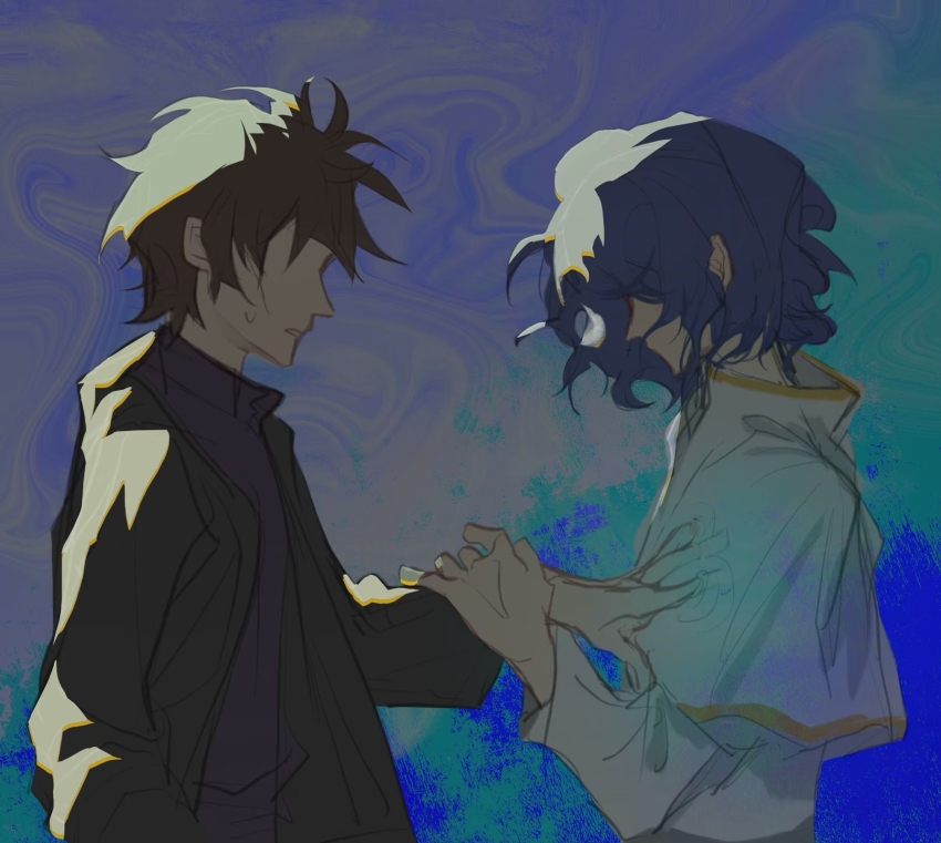 2boys abstract_background black_jacket blue_hair brown_hair c8h11o2n capelet chinese_commentary commentary_request from_side gold_trim harada_minoru highres holding_another&#039;s_wrist jacket male_focus multiple_boys open_clothes open_jacket purple_sweater ripples saibou_shinkyoku shirt short_hair sketch sweat sweater turtleneck turtleneck_sweater utsugi_noriyuki wavy_background white_capelet white_shirt