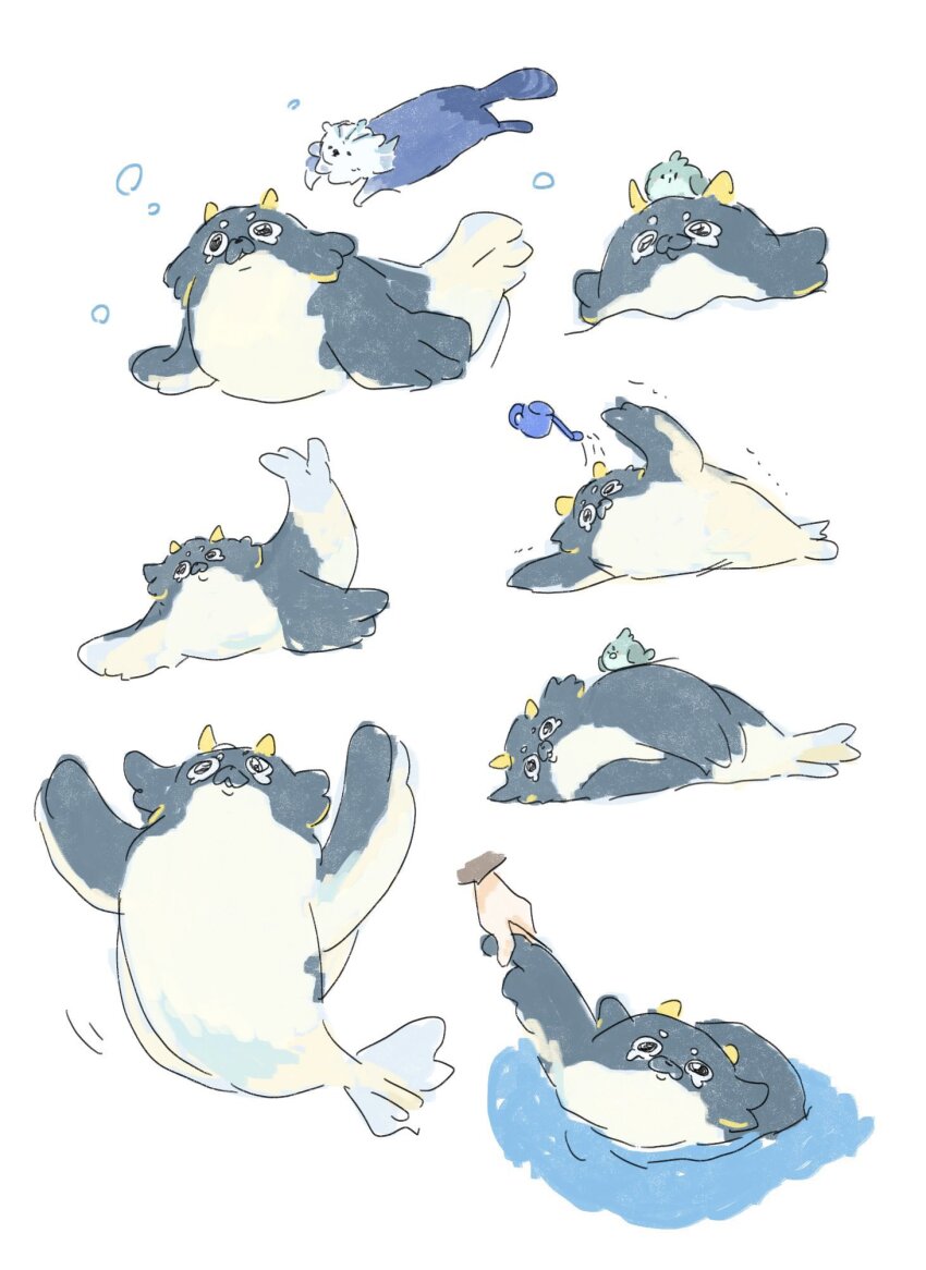 animal animal_focus bird black_eyes blubberbeast_(genshin_impact) blue_fur bubble fins fish_tail flippers genshin_impact grey_fur highres holding_hands horns namawo otter partially_submerged seal_(animal) snout tail water watering white_fur yellow_horns