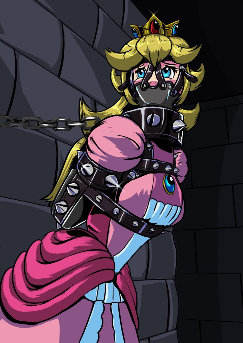arms_behind_back bdsm bondage bound chain chained chain dress gag gagged highres mario_(series) nintendo plasma_dragon princess_peach tagme