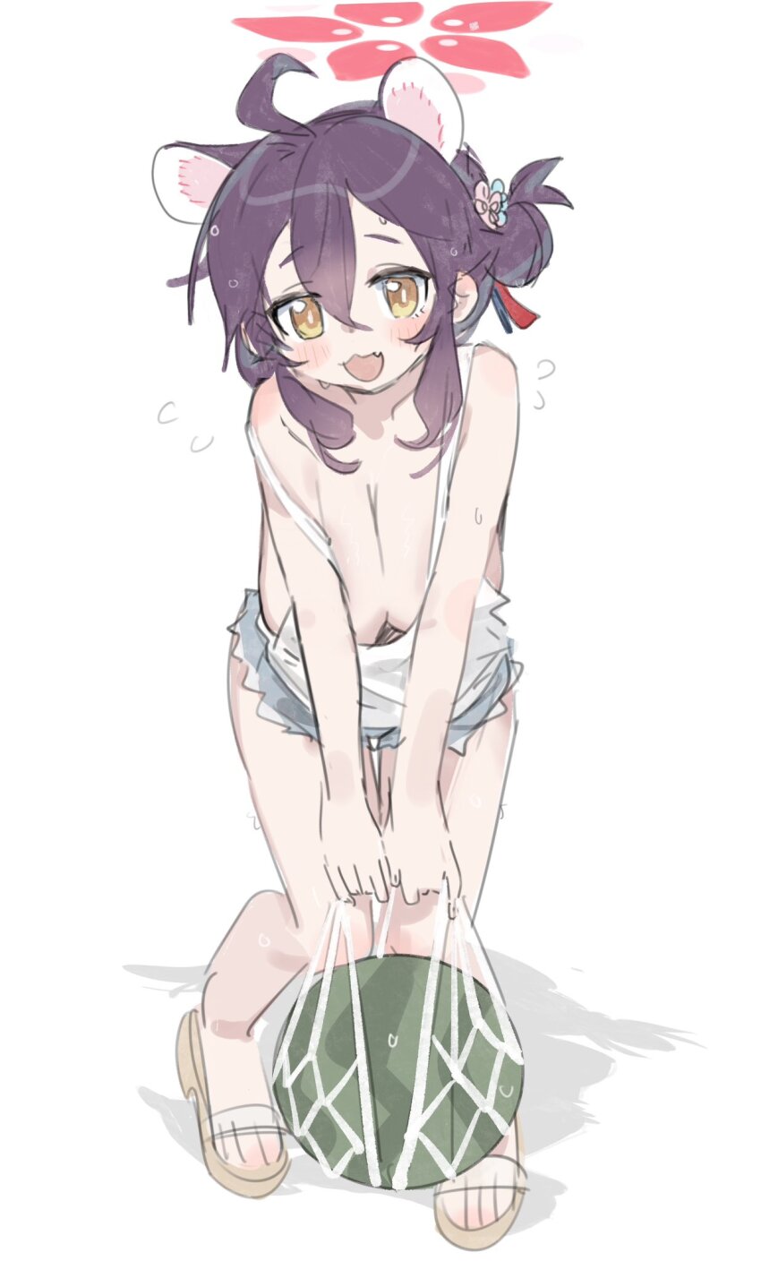 1girl :3 ahoge blue_archive blush breasts camisole cleavage cutoffs extra_ears fang flying_sweatdrops food fruit full_body hair_bun halo highres holding_net kaede_(blue_archive) large_breasts long_sleeves nemo_(leafnight) open_mouth oppai_loli purple_hair sandals shadow shirt short_hair sidelocks simple_background solo sweat v_arms watermelon white_background white_shirt yellow_eyes