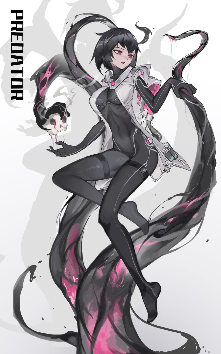 1girl absurdres black_bodysuit black_hair bodysuit breasts chinese_commentary commentary_request english_text full_body hair_between_eyes highres medium_breasts original purple_eyes short_hair youlan