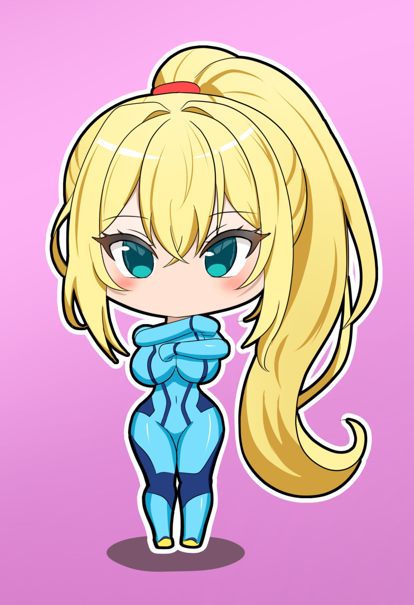 1girl absurdres chibi dancing full_body high_ponytail highres non-web_source ponytail samus_aran self-upload yissou_art zero_suit
