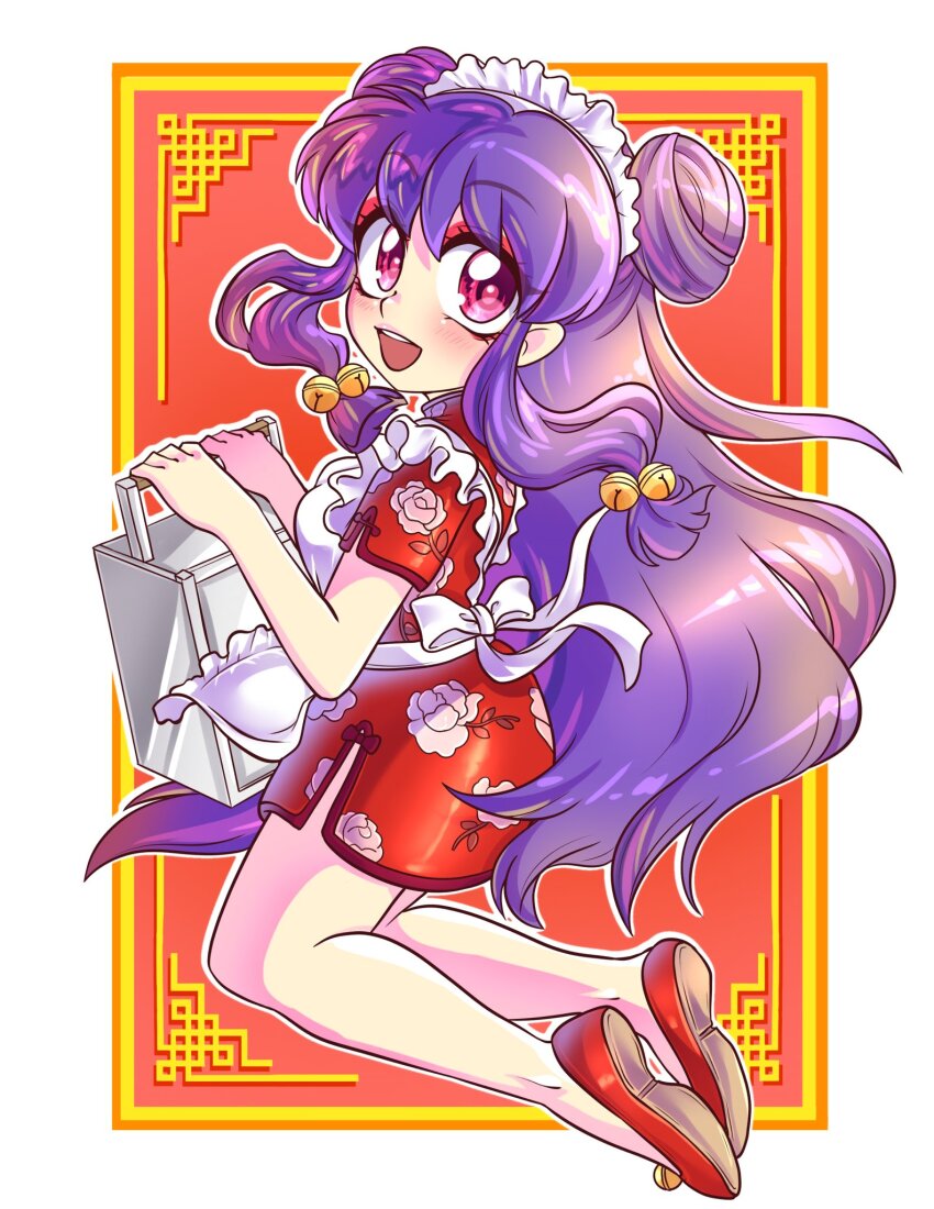 1girl apron bell carolinerdraws china_dress chinese_clothes double_bun dress floral_print hair_bell hair_bun hair_ornament highres long_hair looking_at_viewer maid_apron microdress okamochi_(container) open_mouth purple_eyes purple_hair ranma_1/2 red_shoes shampoo_(ranma_1/2) shoes sidelocks smile white_apron