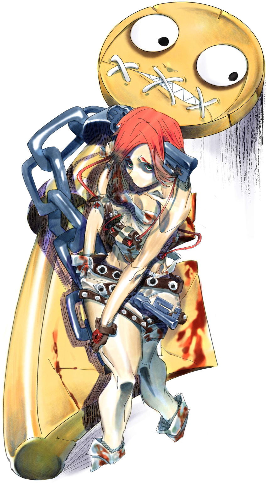 1girl 1other a.b.a absurdres bandaged_arm bandaged_chest bandaged_leg bandages black_gloves blood blood_on_clothes blood_stain chain commentary_request cropped_legs fingerless_gloves gloves green_eyes grey_shorts guilty_gear highres key key_in_head object_through_head paracelsus_(guilty_gear) raised_inner_eyebrows red_hair sharp_teeth short_hair shorts stitched_mouth stitches storyteller777 teeth white_background