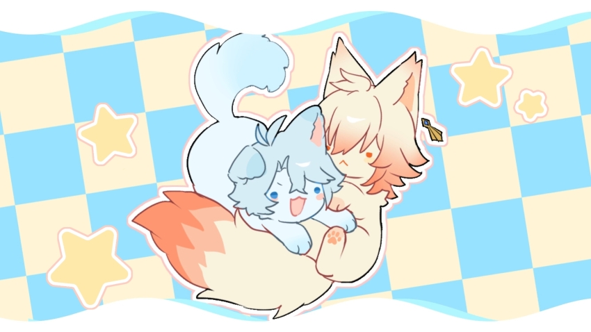 2boys animal_ears animalization antenna_hair blonde_hair blue_eyes chinese_commentary commentary_request dog_ears dog_tail earrings floating_earrings gold_earrings gradient_hair highres honkai:_star_rail honkai_(series) jewelry male_focus multicolored_hair multiple_boys mydei_(honkai:_star_rail) phainon_(honkai:_star_rail) playing red_hair suirandanshihao tail white_hair yellow_eyes