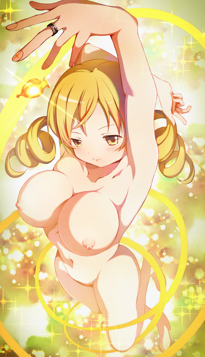 1girl absurdres blonde_hair breasts collarbone dai_toro drill_hair female_pubic_hair henshin highres jewelry large_breasts looking_at_viewer magical_girl mahou_shoujo_madoka_magica mahou_shoujo_madoka_magica_(anime) navel nipples no_toes nude pubic_hair ring solo soul_gem tomoe_mami twin_drills yellow_eyes