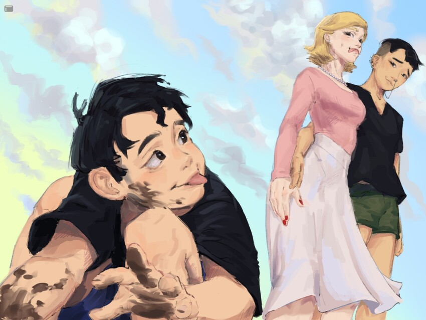 1boy 2girls black_eyes black_hair blonde_hair child dirty dirty_face eyelashes goth_fashion highres joe_secondopinionson lips moral_orel mother_and_son multiple_girls nursula_bendy pale_skin pink_shirt shirt short_shorts shorts shrimpy-ton skirt smile stephanie_foamwire-putty t-shirt tongue tongue_out undercut yuri