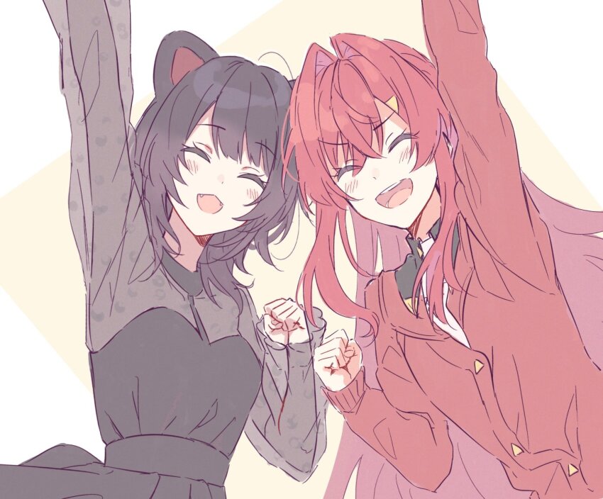 2girls :d ^_^ ange_katrina ange_katrina_(1st_costume) animal_ears arm_up blush breasts brown_dress brown_hair cardigan clenched_hand closed_eyes crossed_bangs dog_ears dress fangs hair_between_eyes hair_intakes heads_together inui_toko inui_toko_(5th_costume) long_hair long_sleeves medium_hair multiple_girls nijisanji open_mouth red_cardigan red_hair see-through_clothes see-through_dress sleeves_past_wrists small_breasts smile talunilu_uu3 teeth two-tone_background upper_body very_long_hair virtual_youtuber white_background yellow_background