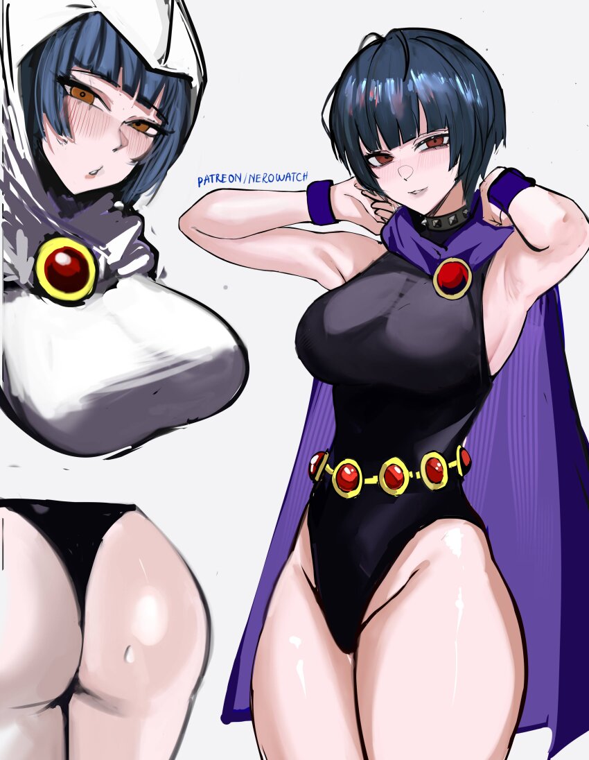 1girl absurdres armpits arms_up ass black_hair black_leotard blue_hair blush breasts brown_eyes cape choker cosplay dc_comics highres hood jewelry large_breasts leotard looking_at_viewer medium_breasts nero_watch persona persona_5 purple_cape raven_(dc) raven_(dc)_(cosplay) short_hair smile solo studded_choker takemi_tae teen_titans white_cape white_leotard