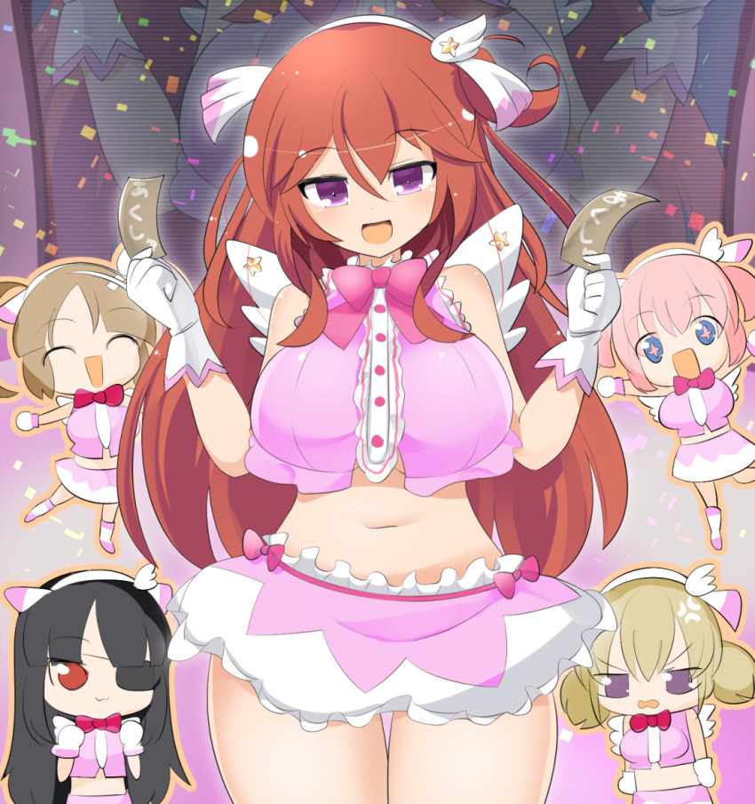 +_+ 5girls :3 :d ashiya_(senran_kagura) blue_eyes blunt_bangs blush bow bowtie breasts brown_hair chibi chibi_inset confetti cowboy_shot crop_top eyepatch gloves hair_between_eyes hairband hibari_(senran_kagura) kafuru_(senran_kagura) large_breasts lets0020 long_bangs long_hair looking_at_viewer midriff miniskirt minori_(senran_kagura) mirai_(senran_kagura) multiple_girls navel open_mouth pink_bow pink_bowtie pink_hair pink_shirt pink_skirt purple_eyes red_eyes red_hair screen senran_kagura senran_kagura_new_link shirt skirt skirt_set sleeveless sleeveless_shirt smile solo_focus two_side_up v-shaped_eyebrows white_gloves white_hairband