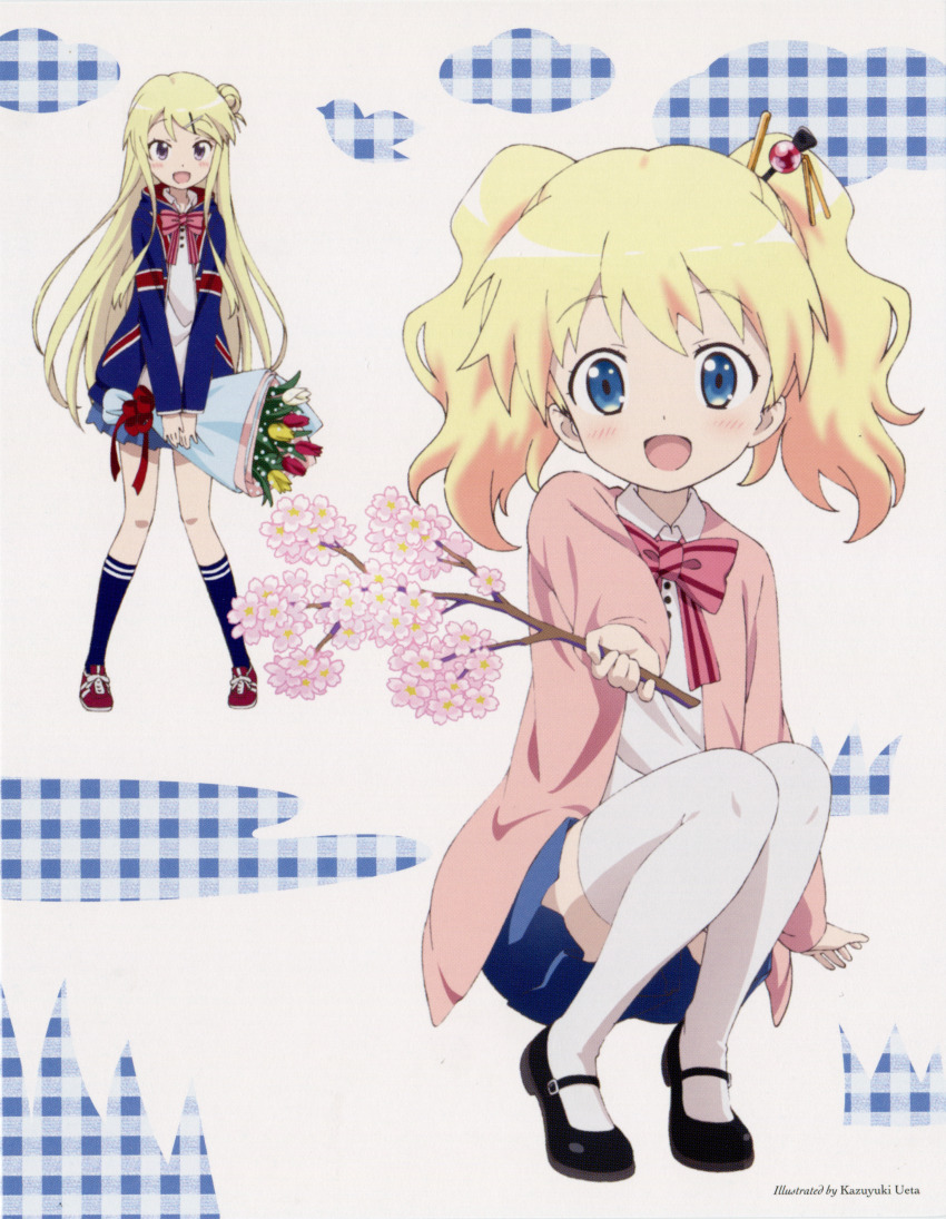2girls :d absurdres alice_cartelet artist_name black_shoes blonde_hair blue_hoodie blue_sky blue_socks bow bowtie cardigan collared_shirt full_body hair_bun hair_ornament hairclip highres hood hood_down hoodie kin-iro_mosaic kujou_karen long_hair long_sleeves looking_at_viewer miniskirt moegi_high_school_uniform multiple_girls non-web_source official_art open_cardigan open_clothes open_mouth pink_bow pink_bowtie pink_cardigan red_shoes scan school_uniform shirt shoes single_hair_bun skirt sky smile socks squatting standing striped_bow striped_bowtie striped_clothes thighhighs twintails ueta_kazuyuki very_long_hair white_shirt white_thighhighs winter_uniform x_hair_ornament