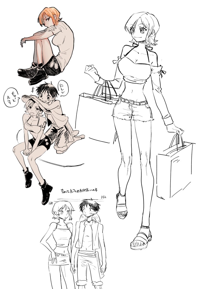 +++ 1boy 1girl absurdres bag bare_legs bare_shoulders boots breasts cleavage closed_mouth collarbone commentary_request crop_top denim denim_shorts facial_scar frayed_shorts full_body fur-trimmed_shorts fur_trim halterneck hat highres holding holding_bag kneeling knees knees_up kora_(sinntaro) large_breasts leaning_on_person looking_at_another midriff miniskirt monkey_d._luffy multiple_views nami_(one_piece) navel one_piece open_clothes open_mouth open_vest partially_colored sandals scar scar_on_cheek scar_on_face shirt shopping_bag short_hair short_shorts shorts simple_background single_sidelock sitting skirt smile standing straw_hat toes unworn_hat unworn_headwear vest walking white_background white_shirt