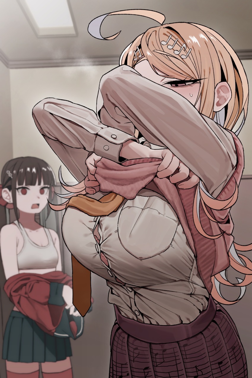 2girls :o absurdres ahoge akamatsu_kaede bare_shoulders blonde_hair blunt_bangs breast_pocket breasts brown_hair collarbone crop_top danganronpa_(series) danganronpa_v3:_killing_harmony fortissimo ha_(user_efmy3542) hair_ornament hair_scrunchie hairclip harukawa_maki highres large_breasts long_hair long_sleeves low_twintails miniskirt mole mole_under_eye multiple_girls musical_note musical_note_hair_ornament necktie open_mouth orange_necktie pleated_skirt pocket red_eyes red_scrunchie red_shirt red_thighhighs scrunchie shirt skirt small_breasts thighhighs tight_clothes tight_shirt twintails undressing white_shirt zettai_ryouiki