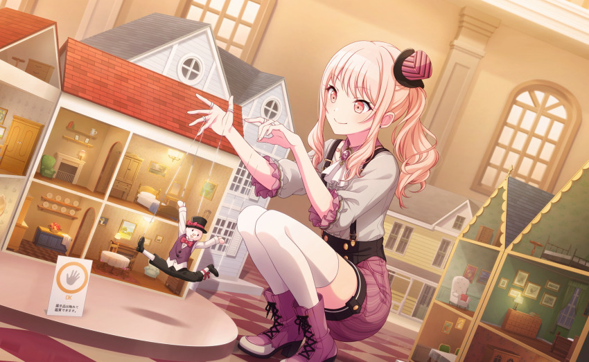 1other akiyama_mizuki ascot boots brooch closed_mouth colorful_palette doll_house frilled_shirt frills gem hat highres indoors jewelry long_hair mini_hat mini_top_hat official_art pink_boots pink_eyes pink_gemstone pink_hair pink_hat pink_shorts project_sekai shirt shorts side_ponytail sidelocks sitting smile solo squatting suspender_shorts suspenders thighhighs third-party_source top_hat toraware_no_marionette_(project_sekai) white_ascot white_shirt white_thighhighs window