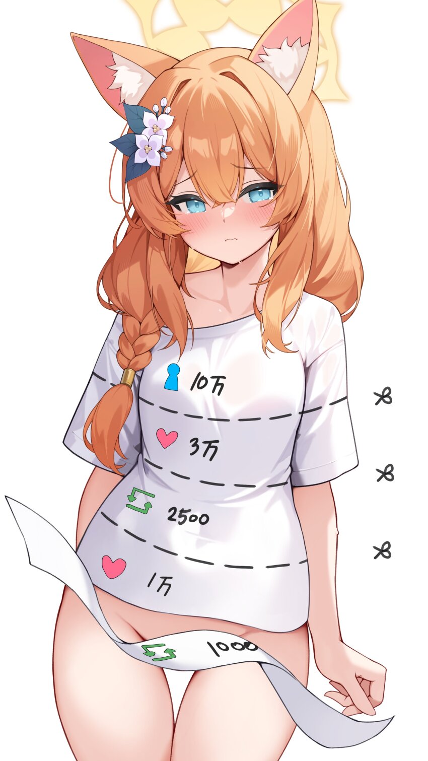 1girl absurdres animal_ear_fluff animal_ears blue_archive blue_eyes blush cat_ears closed_mouth convenient_censoring cut-here_line dotted_line flower hair_between_eyes hair_flower hair_ornament hairband halo heart highres like_and_retweet long_hair looking_at_viewer mari_(blue_archive) naked_shirt no_panties orange_hair pinki_o64 shirt shirt_tug simple_background solo standing sweat twitter_cutting_game white_background white_flower white_hairband white_shirt yellow_halo