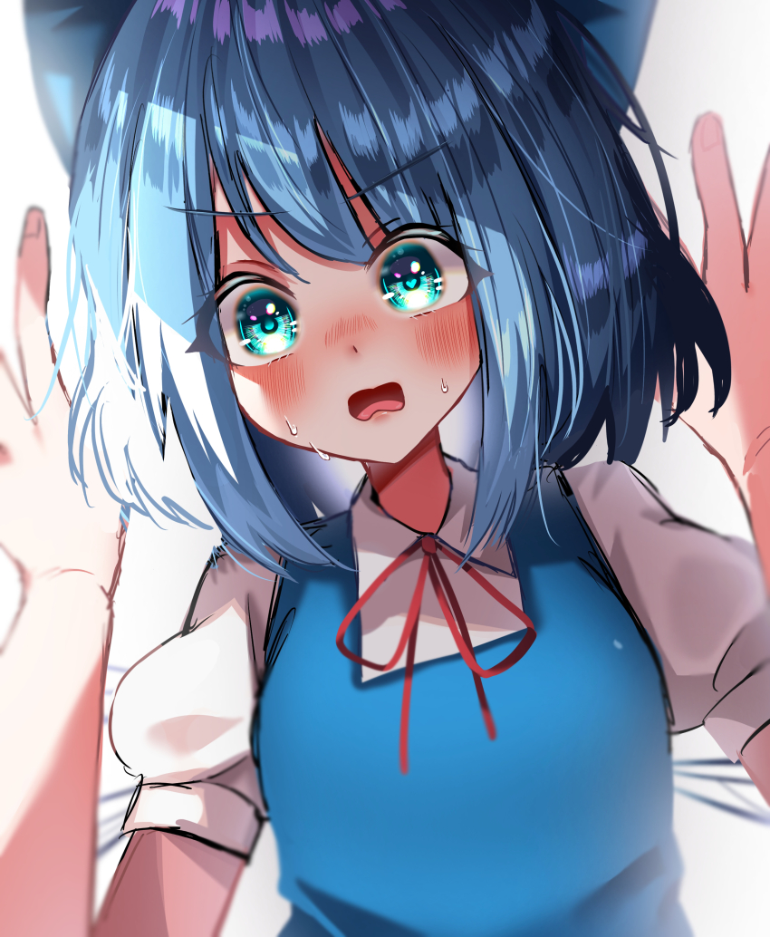 1girl 1other absurdres aoyama_tenchou aqua_eyes blue_bow blue_dress blue_hair blush bow breasts cirno close-up collared_shirt dress head_tilt highres kabedon looking_at_viewer medium_hair neck_ribbon open_mouth pinafore_dress pov puffy_short_sleeves puffy_sleeves red_ribbon ribbon shirt short_sleeves sleeveless sleeveless_dress small_breasts sweat touhou white_shirt