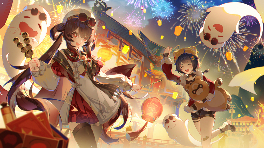 2girls :d ^_^ aerial_fireworks artist_name black_hairband black_thighhighs boo_tao_(genshin_impact) brown_hair chinese_commentary closed_eyes commentary_request dress eyewear_on_head fingerless_gloves fingernails fireworks flower-shaped_pupils food genshin_impact gloves guoba_(genshin_impact) hair_between_eyes hairband hand_up hat highres holding holding_food hu_tao_(cherries_snow-laden)_(genshin_impact) hu_tao_(genshin_impact) long_hair long_sleeves looking_at_viewer multiple_girls night night_sky official_alternate_costume open_mouth outdoors red-tinted_eyewear red_eyes round_eyewear running sky smile symbol-shaped_pupils teeth thighhighs tinted_eyewear twintails upper_teeth_only very_long_hair white_dress white_hat xiangling_(genshin_impact) xiangling_(new_year&#039;s_cheer)_(genshin_impact) yellow-framed_eyewear yu_e_baba