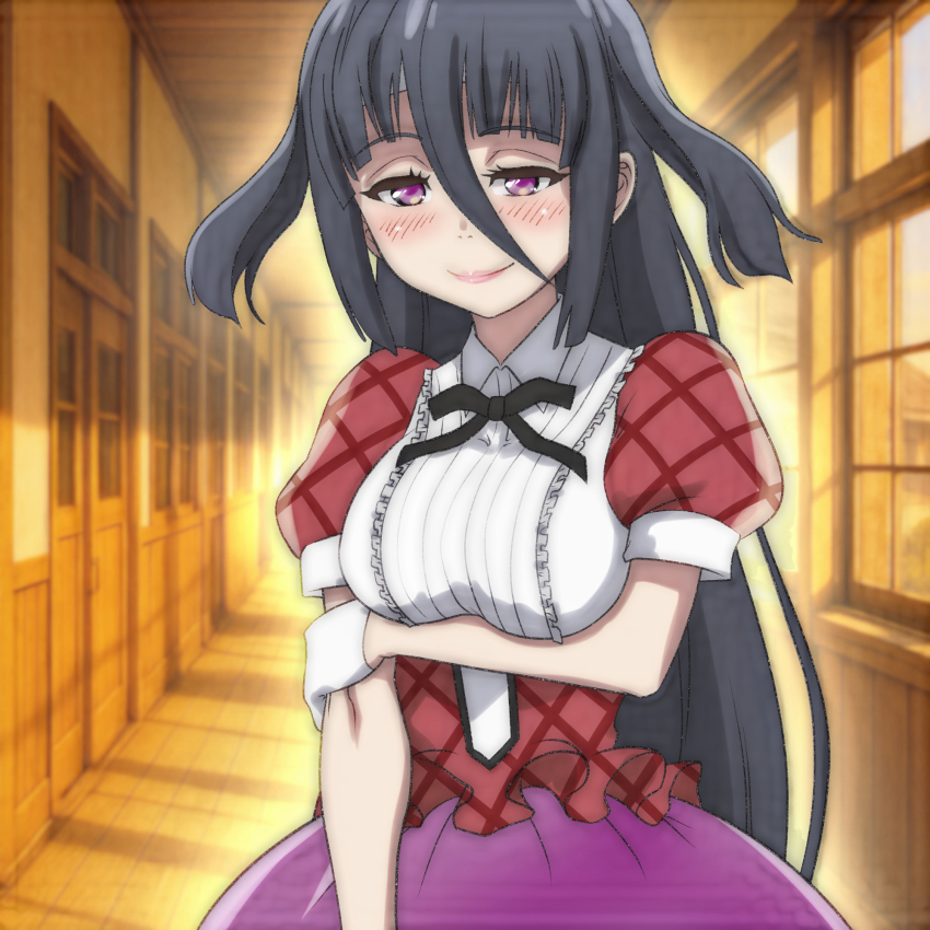 1girl black_hair black_ribbon blush breasts door gloves hallway highres holding_own_arm idol jacket large_breasts long_hair looking_at_viewer neck_ribbon open_clothes open_jacket pink_eyes plaid_clothes plaid_shirt puffy_sleeves purple_skirt red_jacket ribbon shirt short_sleeves skirt sky smile standing t_jiroo_(ringofriend) twintails upper_body white_gloves white_shirt window yamada_tae zombie_land_saga