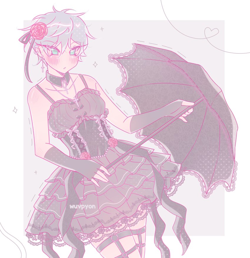 1boy absurdres alien_stage black_dress black_gloves black_ribbon blush border closed_mouth collarbone cross cross_earrings cross_necklace crossdressing detached_collar dress ear_piercing earrings elbow_gloves fingerless_gloves flower gloves gothic_lolita green_eyes grey_background grey_hair hair_flower hair_ornament hair_ribbon heart highres holding holding_umbrella jewelry lace lace_trim lolita_fashion male_focus necklace piercing red_flower ribbon rinrin_(wuvpyon) solo sparkle till_(alien_stage) umbrella watermark white_border